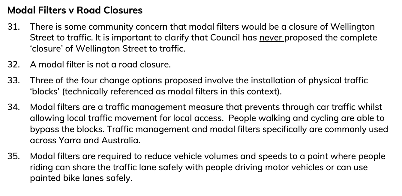 Excerpt from the council officer report (paragraphs 31 to 35), 'Modal Filters v Road Closures': Council has never proposed the complete closure of Wellington Street, a modal filter is not a road closure, and the proposed change options use modal filters which allow local access while preventing through traffic.
