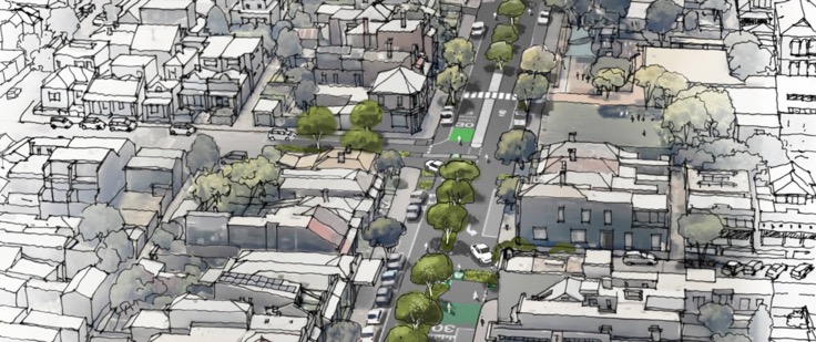 Aerial render of Wellington Street North under the shared street option, showing a tree-lined street with reduced traffic