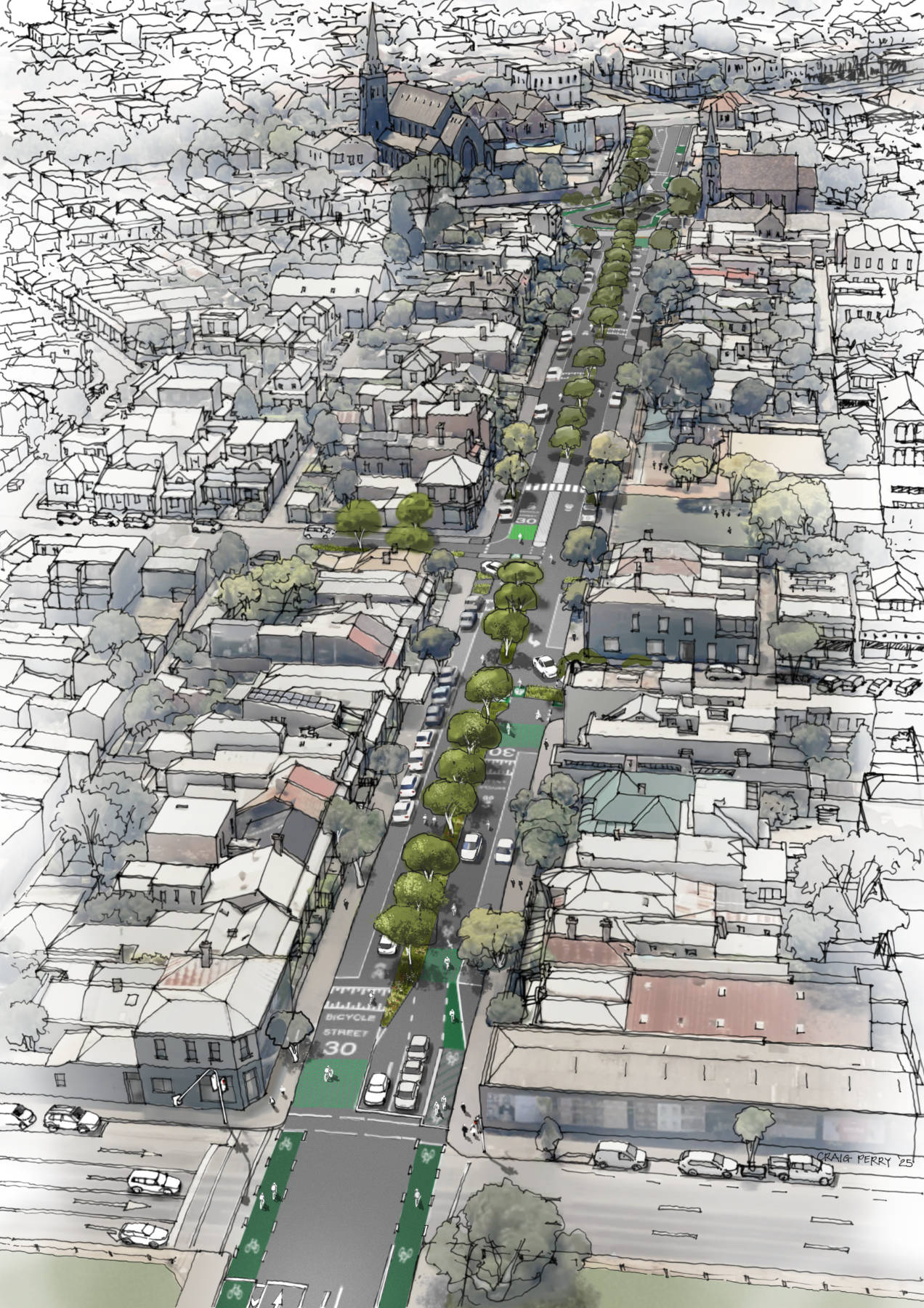 Aerial perspective render of Wellington Street in Clifton Hill under the shared street option, showing a tree-lined street with reduced traffic and a 30 km/h zone
