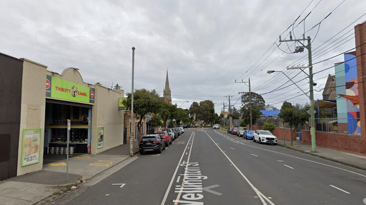 Wellington Street in Clifton Hill looking south from the northern sub-section, showing painted lane markings but no physical protection for people on bikes